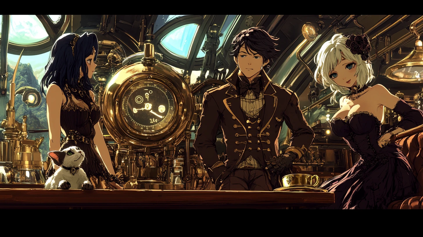 Passerelle de dirigeable steampunk avec personnages d’anime et automate
