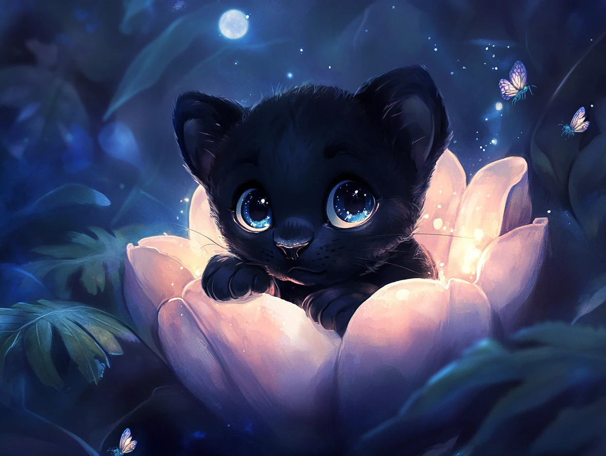 Cucciolo di pantera nera dentro un fiore incantato e luminoso
