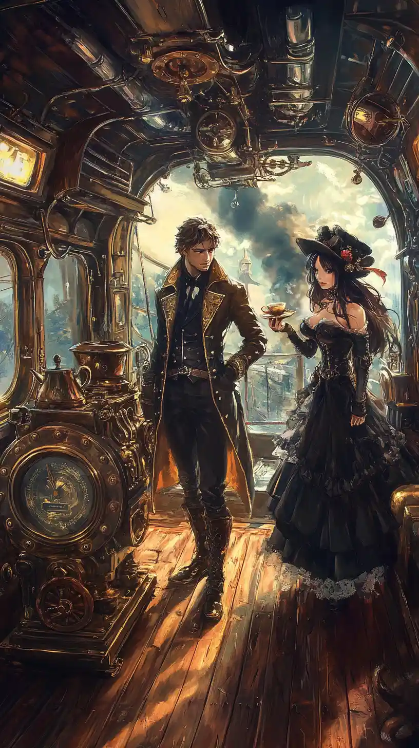 Ponte di aeronave steampunk con capitano ed equipaggio in stile anime