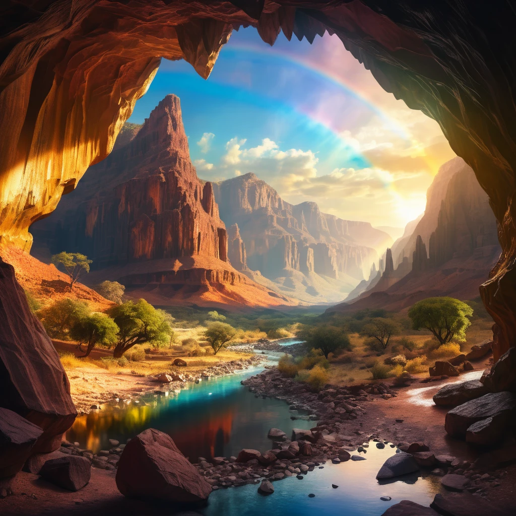Immensa grotta che si apre su una valle canyon paradisiaca e luminosa