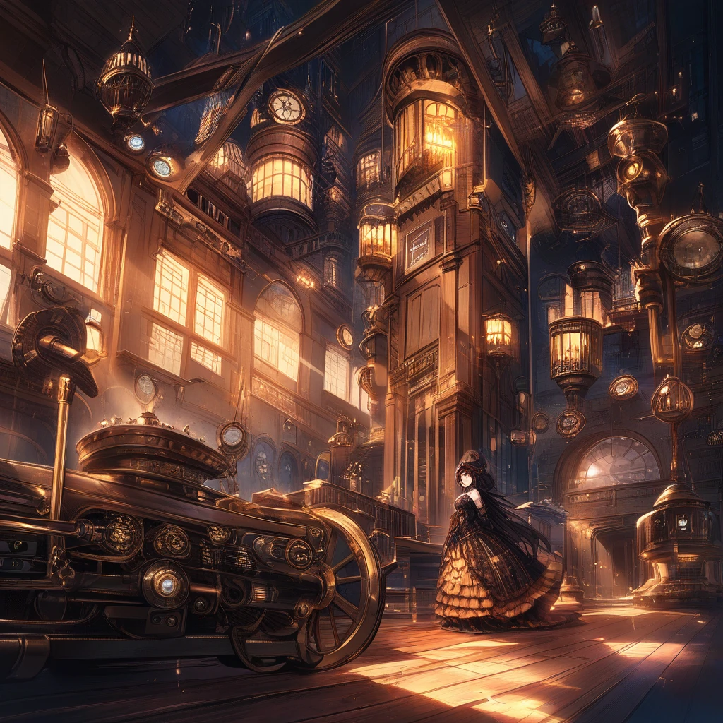 Ponte de dirigível steampunk com capitão, tripulação e autômato de latão