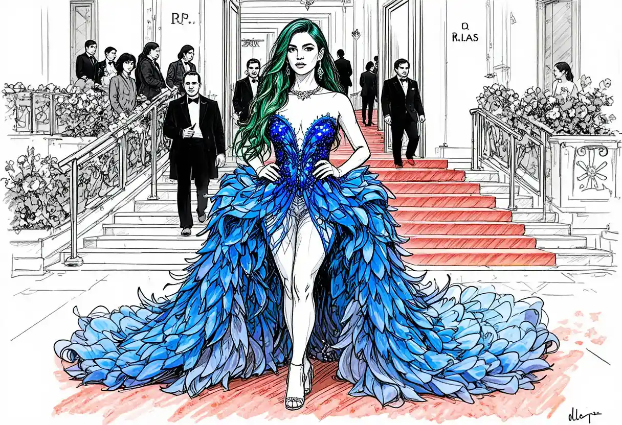Donna glamour in abito blu di piume sul red carpet