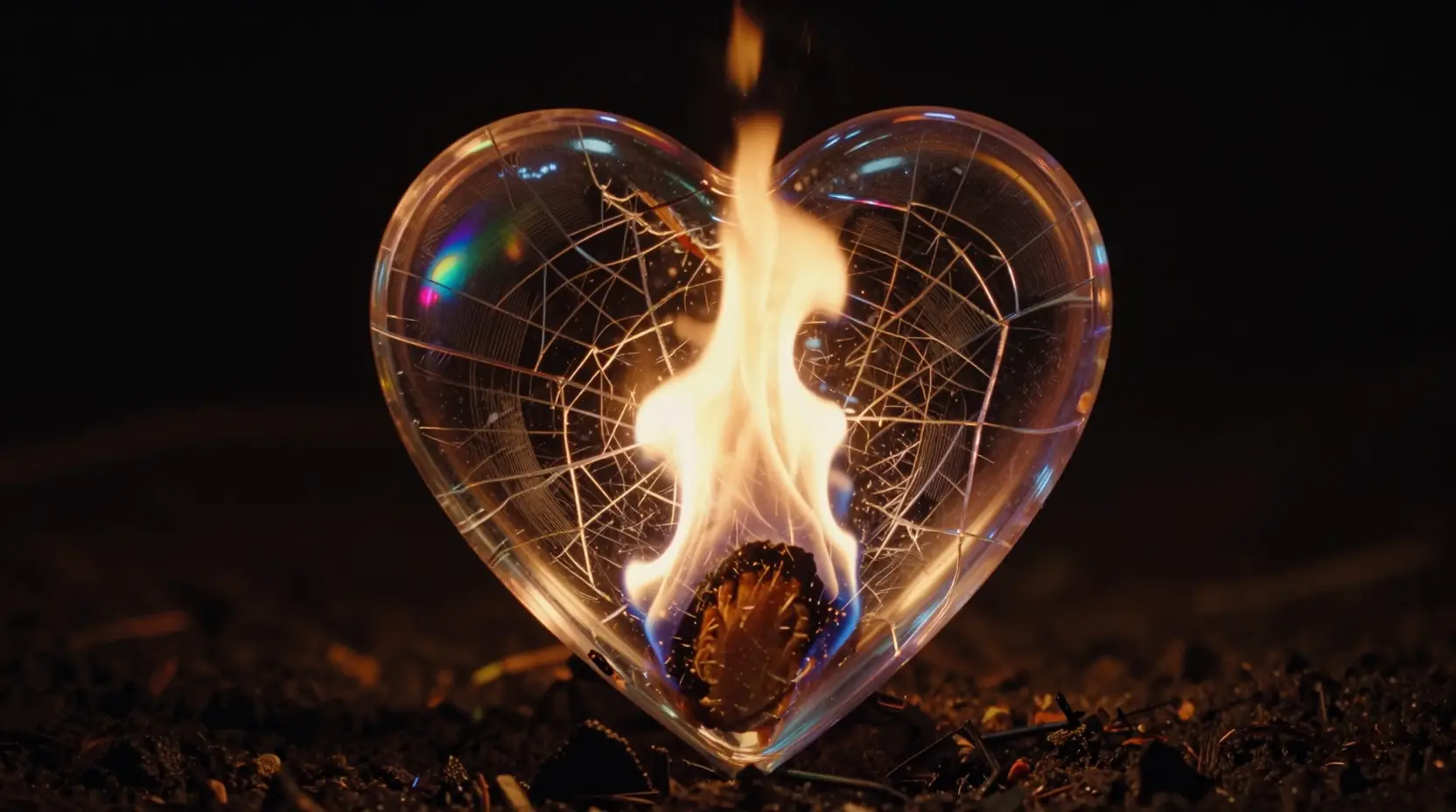 Fiery glass heart glowing against deep obsidian darkness
