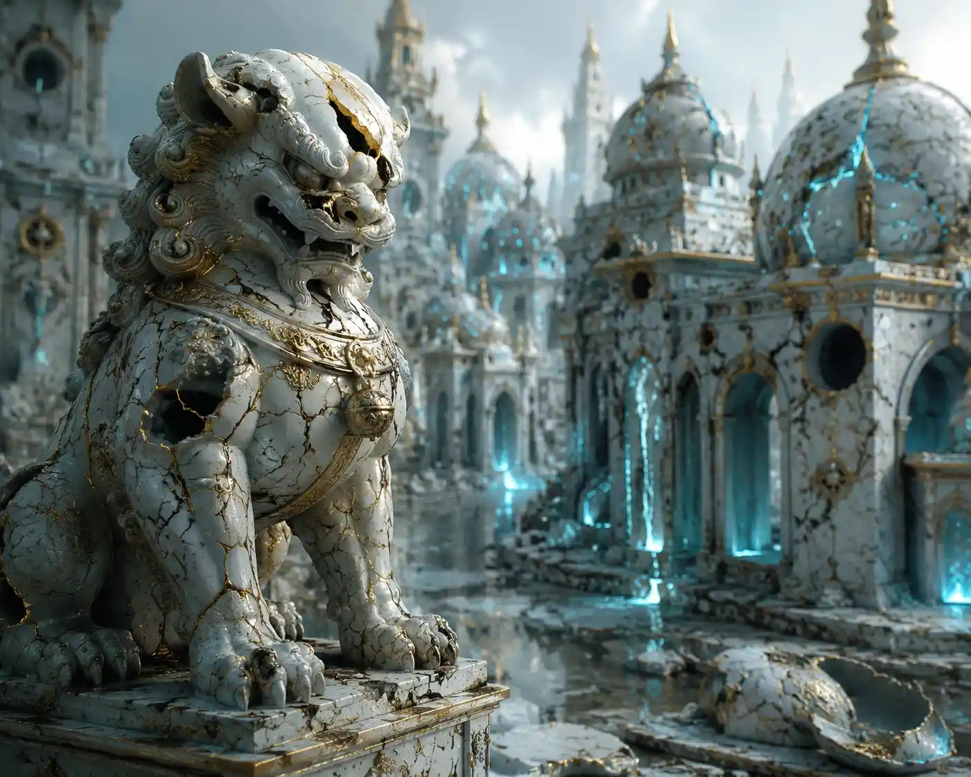 Cité fantastique en porcelaine aux fissures lumineuses et statue gardienne