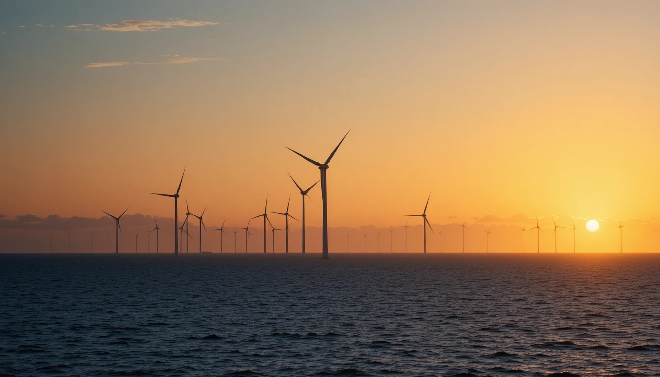 Parque eólico offshore em silhueta contra um céu de pôr do sol radiante