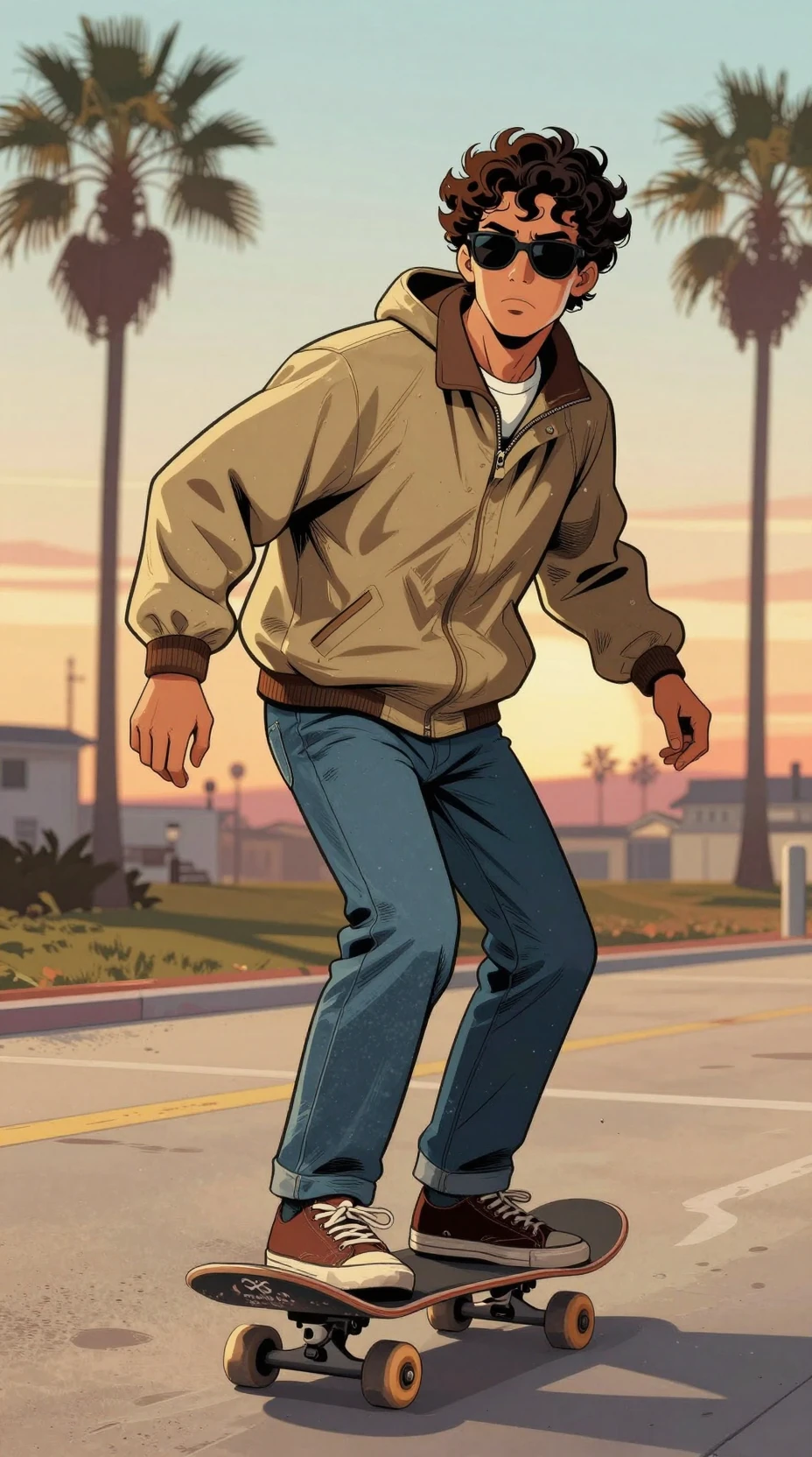 Giovane skater sulla passeggiata di Venice Beach al tramonto