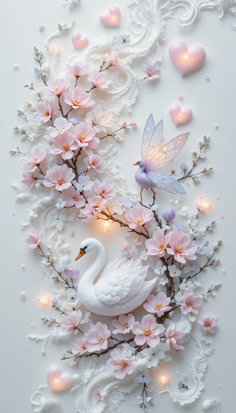 Cygne élégant avec fleurs et cœurs lumineux sur fond blanc