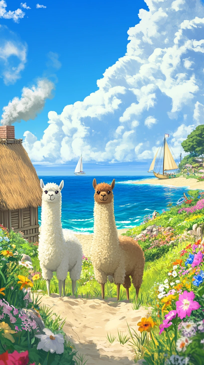 Três alpacas ao lado de uma casa de praia costeira no verão
