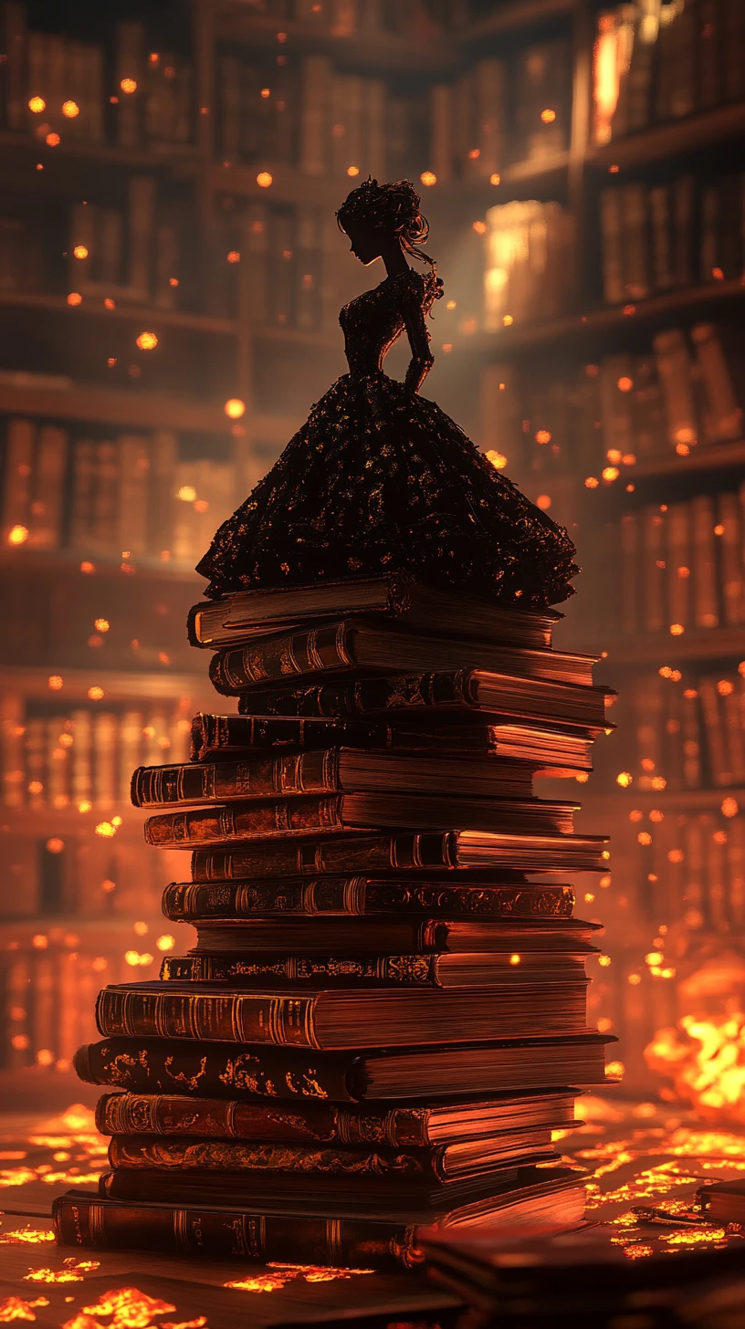Silhueta de Livros Empilhados no Brilho Aconchegante de uma Biblioteca Fantástica