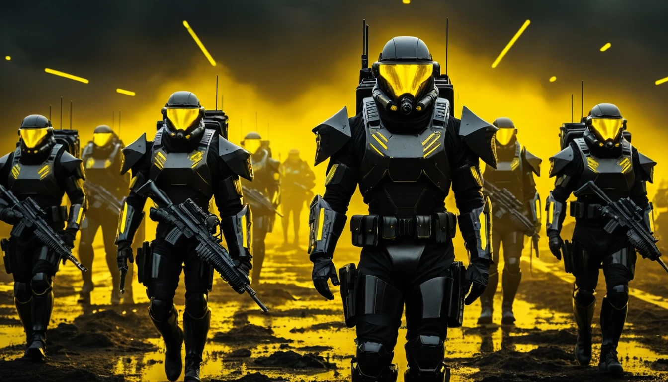 Exército futurista de super soldados blindados marchando à noite