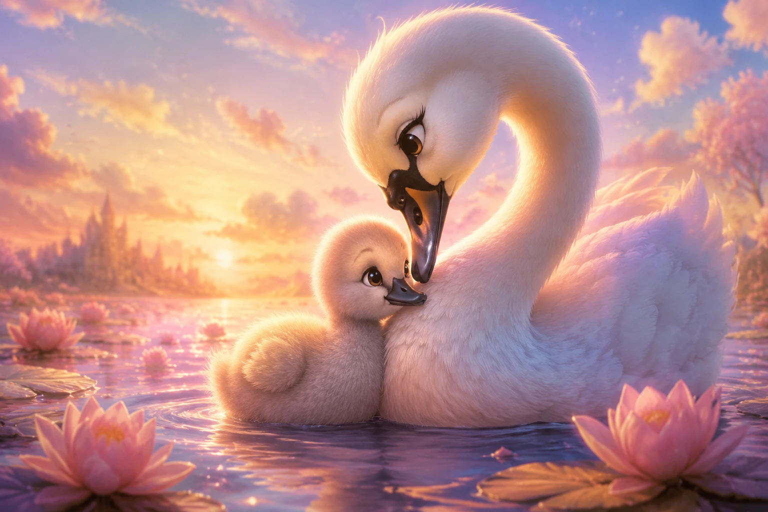 Bébé cygne blotti contre sa mère sur un lac pastel