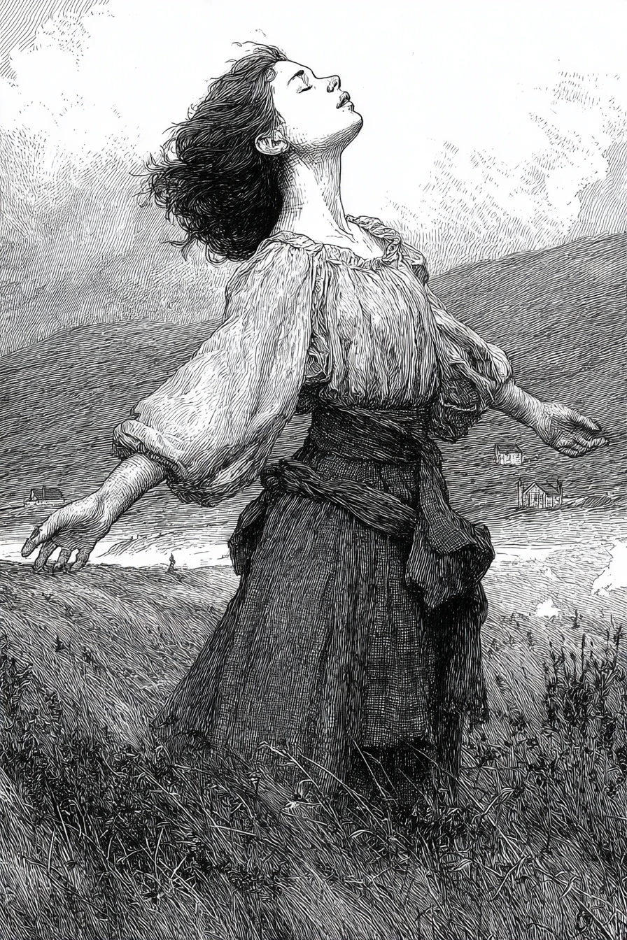 Garota das Highlands em urze ao vento – ilustração em gravura