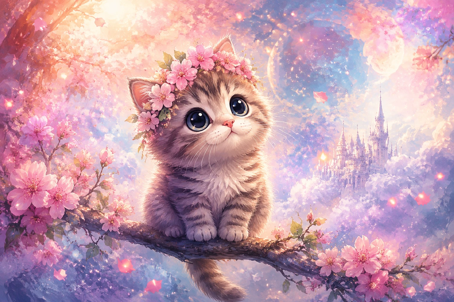 Adorable chaton aquarelle avec couronne de fleurs de cerisier