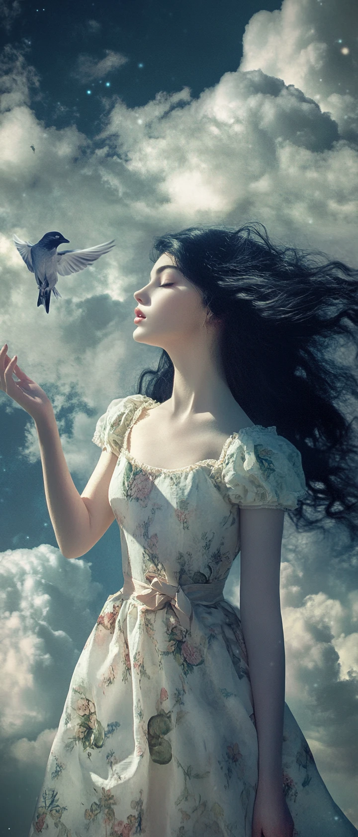 Ethereal woman in summer dress releasing a bird to clouds