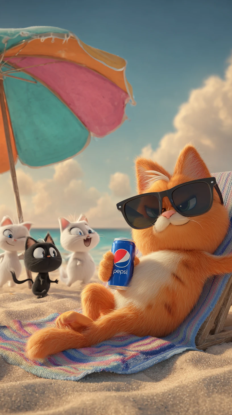 3D-Orangefarbene Katze entspannt auf einem Strandtuch