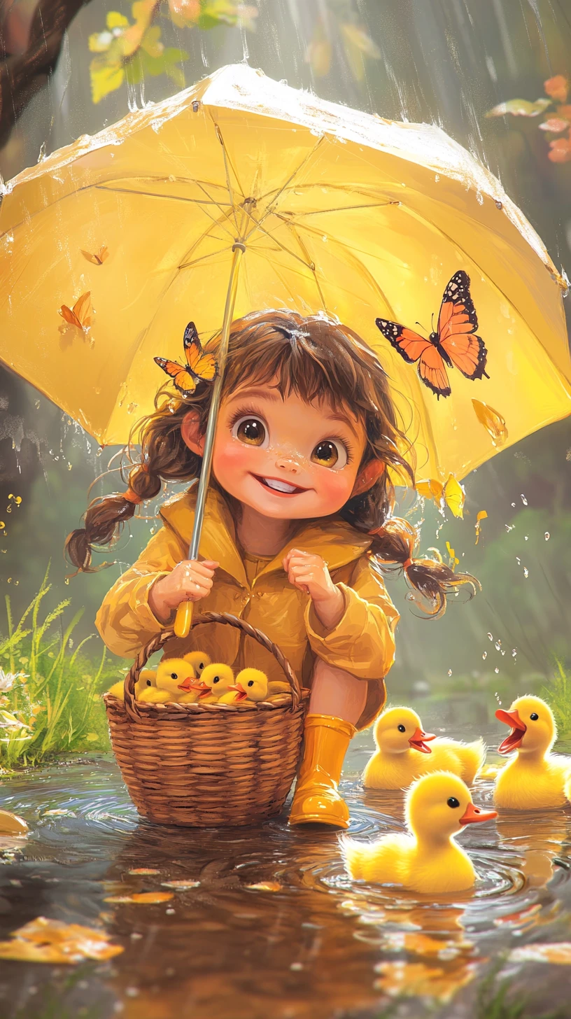 Bambina con impermeabile giallo che gioca con i paperotti