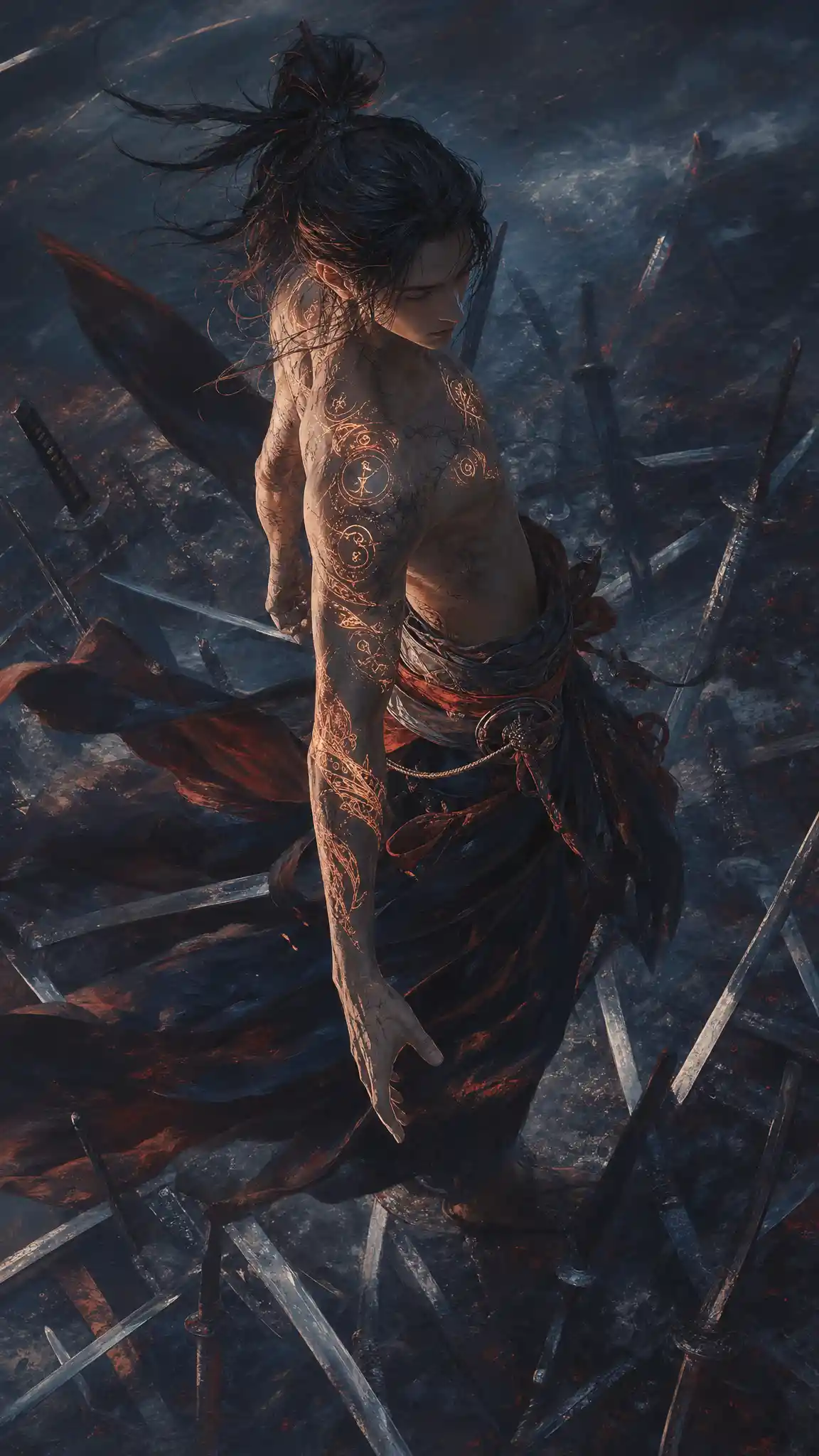 Ethereal samurai woman with glowing runic tattoos