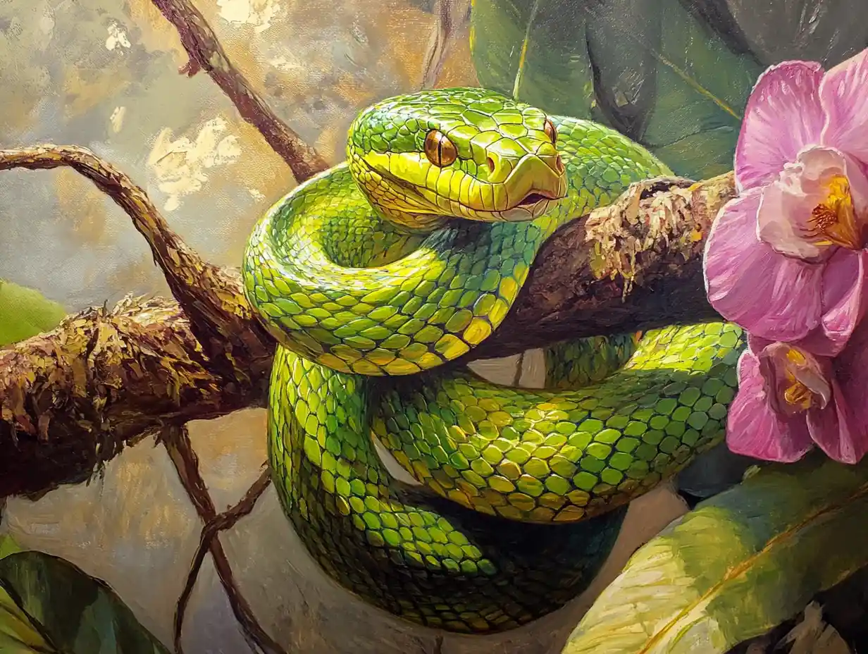 Green mamba coiled on a jungle branch in oil painting