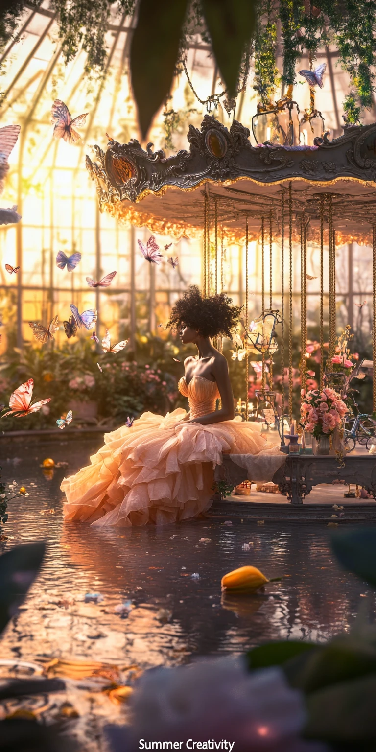 Woman on floral carousel in glowing summer greenhouse
