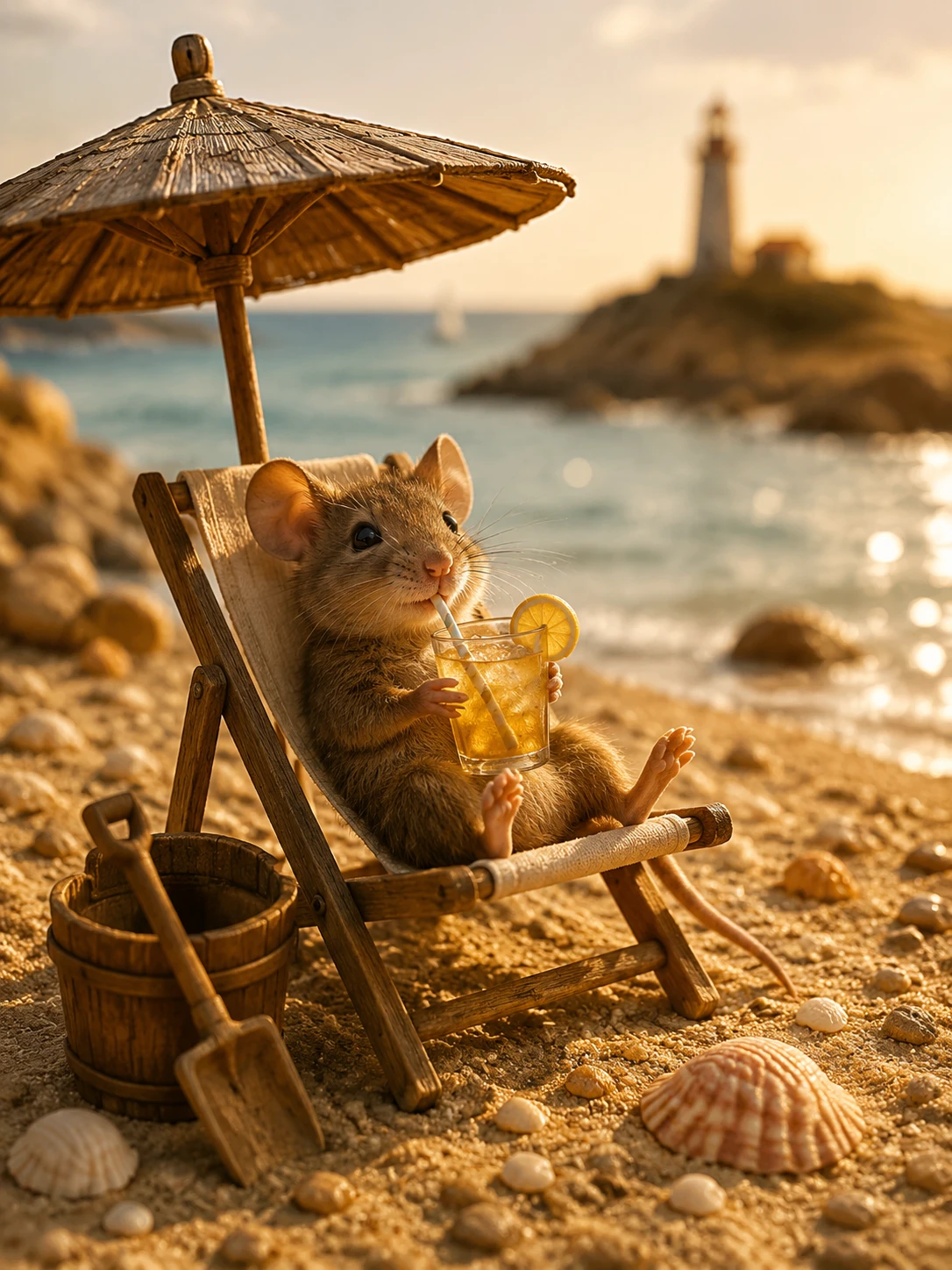 Verspielte Strandmaus beim Sonnenbad mit Drink unter einem Holzschirm