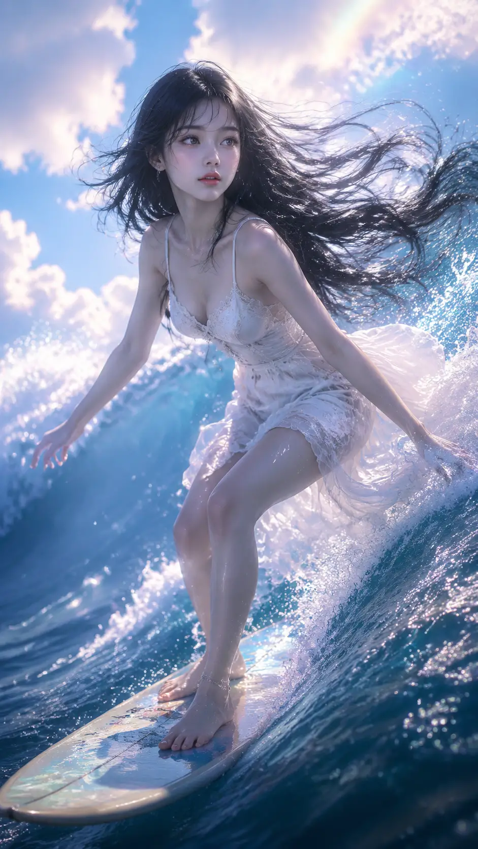 飄渺黑髮少女駕馭發光的夏日浪潮