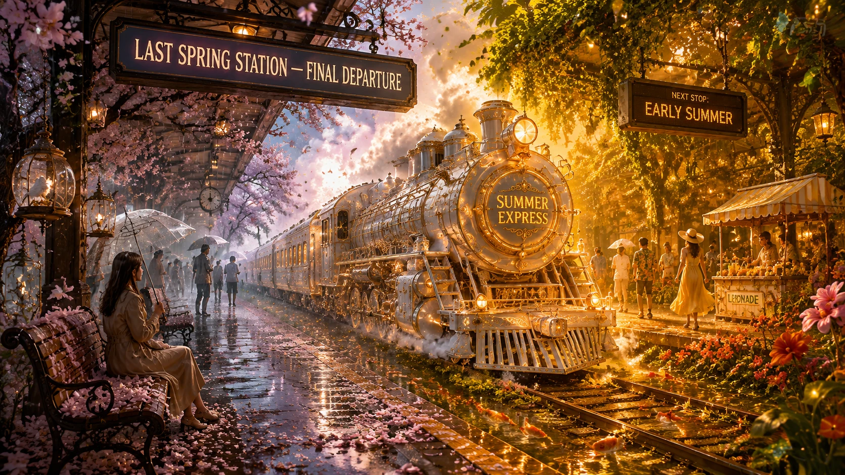 Surrealer Bahnhof zwischen Frühlingsregen und Sommer-sonne geteilt