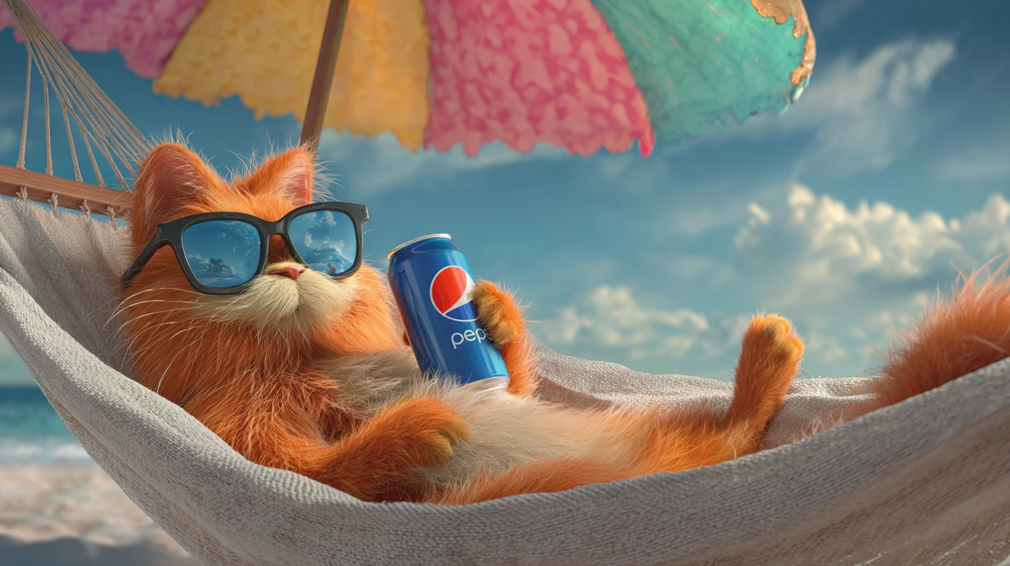 Gato Laranja 3D Relaxado em uma Rede de Praia