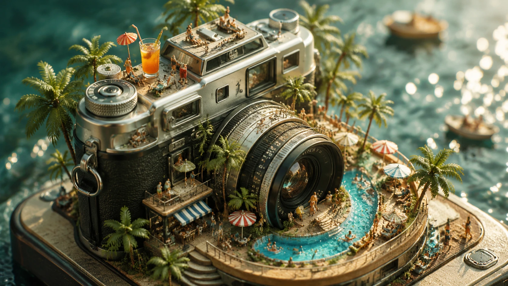 Cidade de Praia em Miniatura Construída em Torno de uma Câmera Analógica Vintage