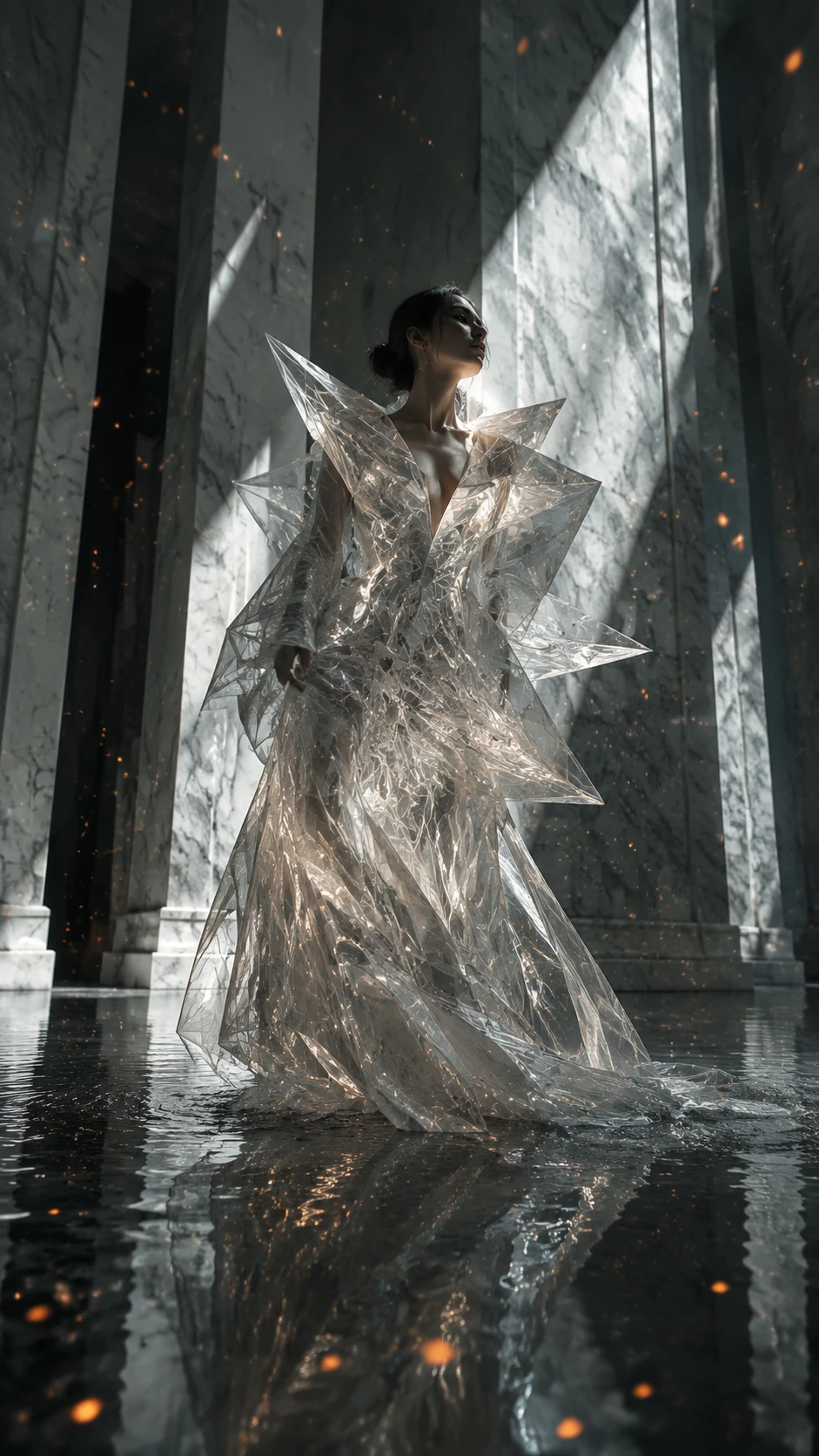 Mulher de moda surreal em vestido de organza em salão de mármore