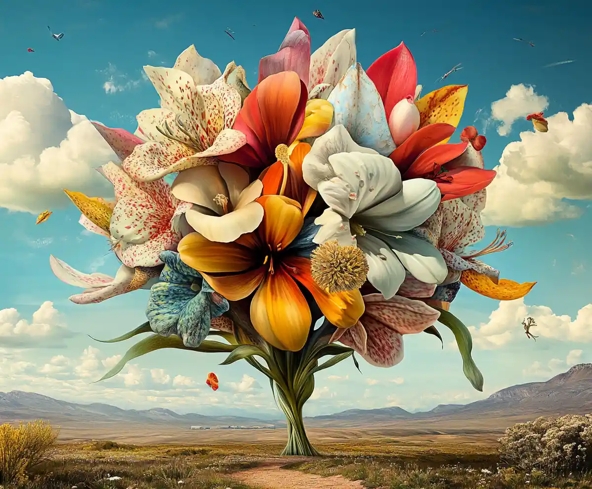 Surreal illusion of a strange multi image flower scene