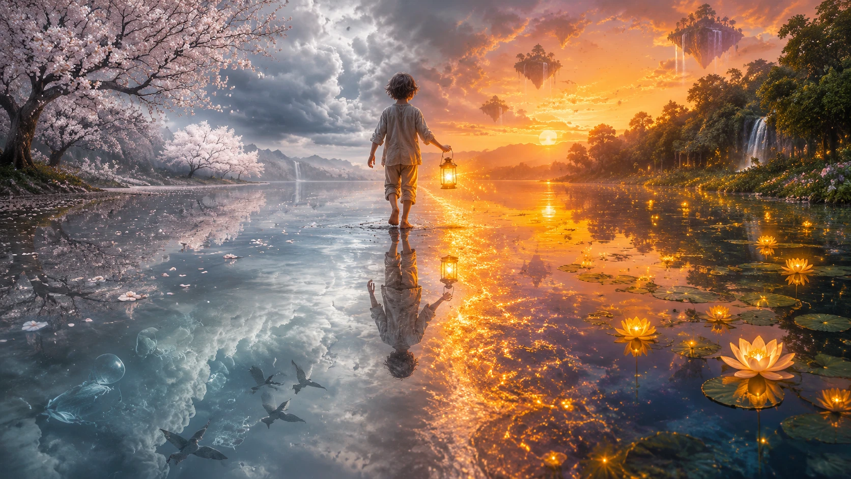 Enfant à la Lanterne Marchant entre Reflets de Printemps et d’Été