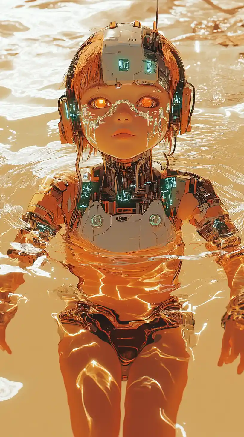 Futuristic chibi woman in reflective cybernetic water