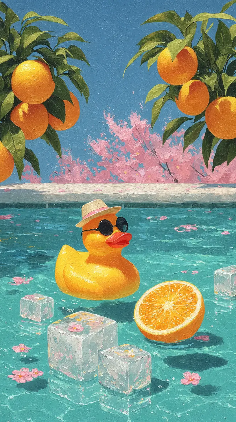 Piscine Surréaliste de Jus d'Orange avec Canard en Caoutchouc et Fleurs