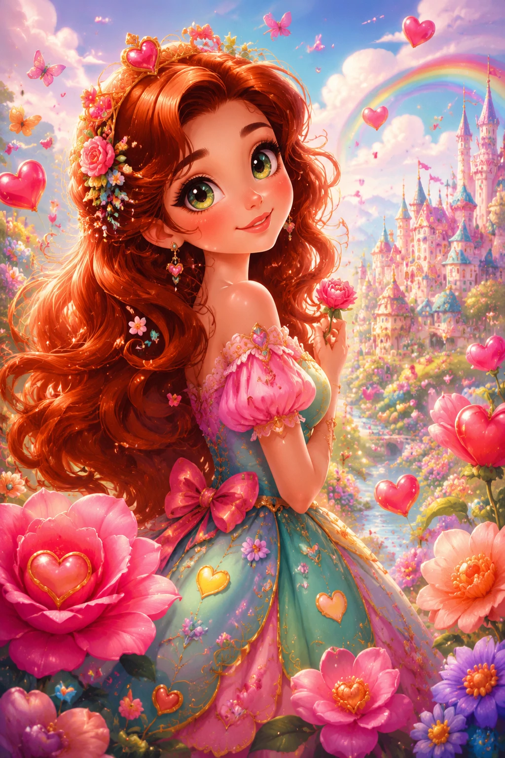 Adorable fille aux cheveux châtain auburn dans un monde féerique pastel