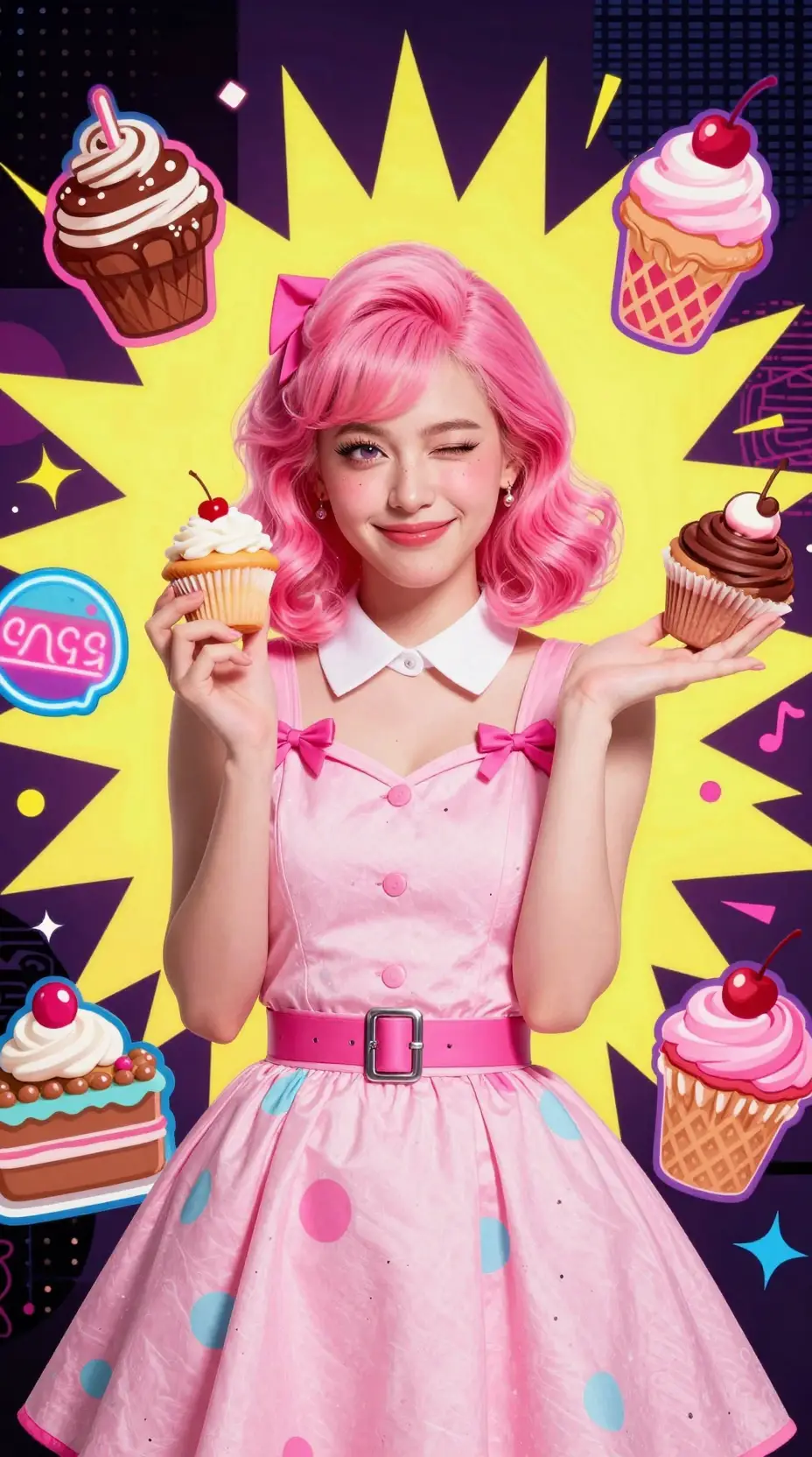 俏皮的粉紅頭髮女孩與杯子蛋糕的普普藝術場景