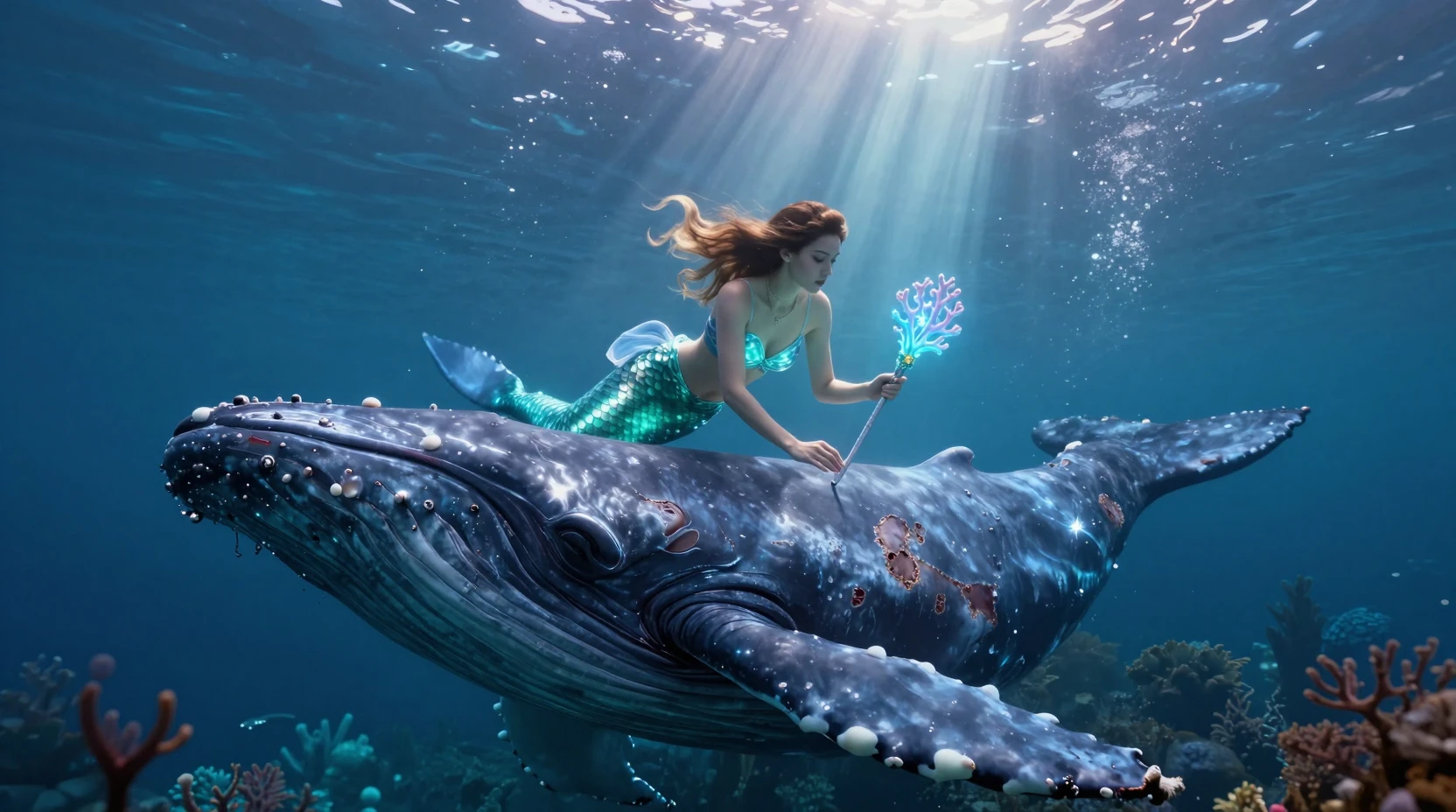 Curandeira sereia cuidando de baleia-jubarte ferida debaixo d’água