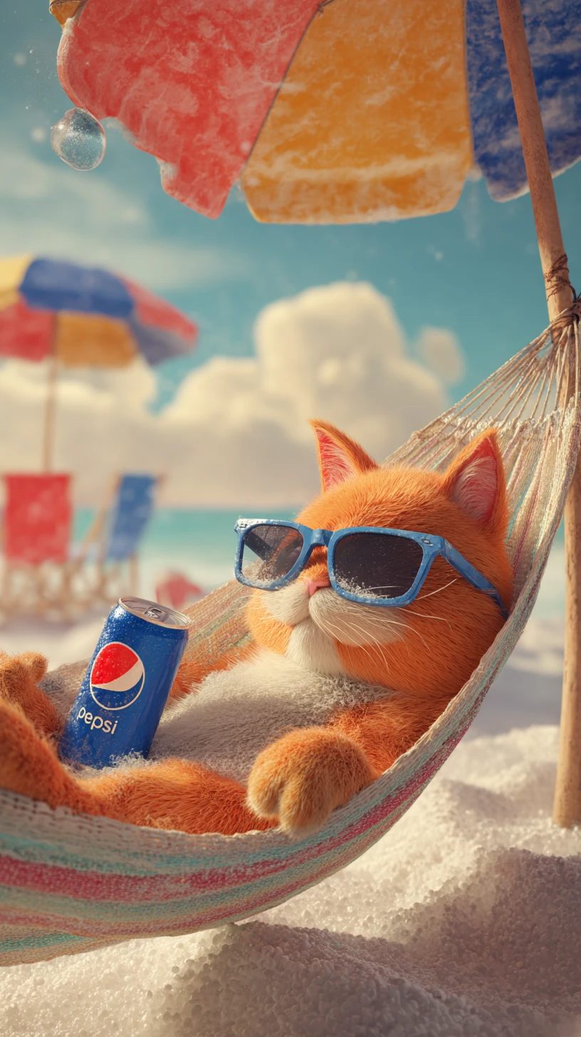 Gato Laranja 3D Relaxado em uma Rede de Praia