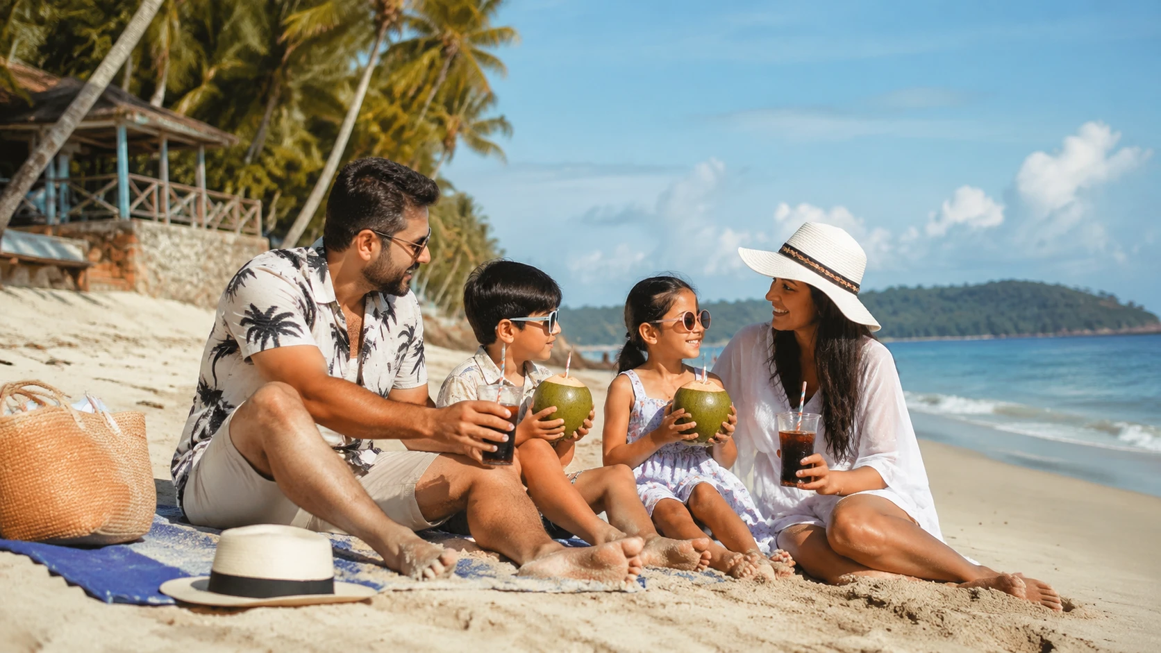 幸福家庭在海灘上一同享用夏日飲品