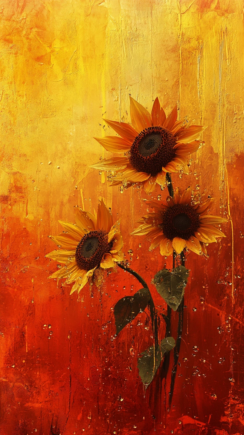 Girasoli malinconici su sfondo astratto infuocato