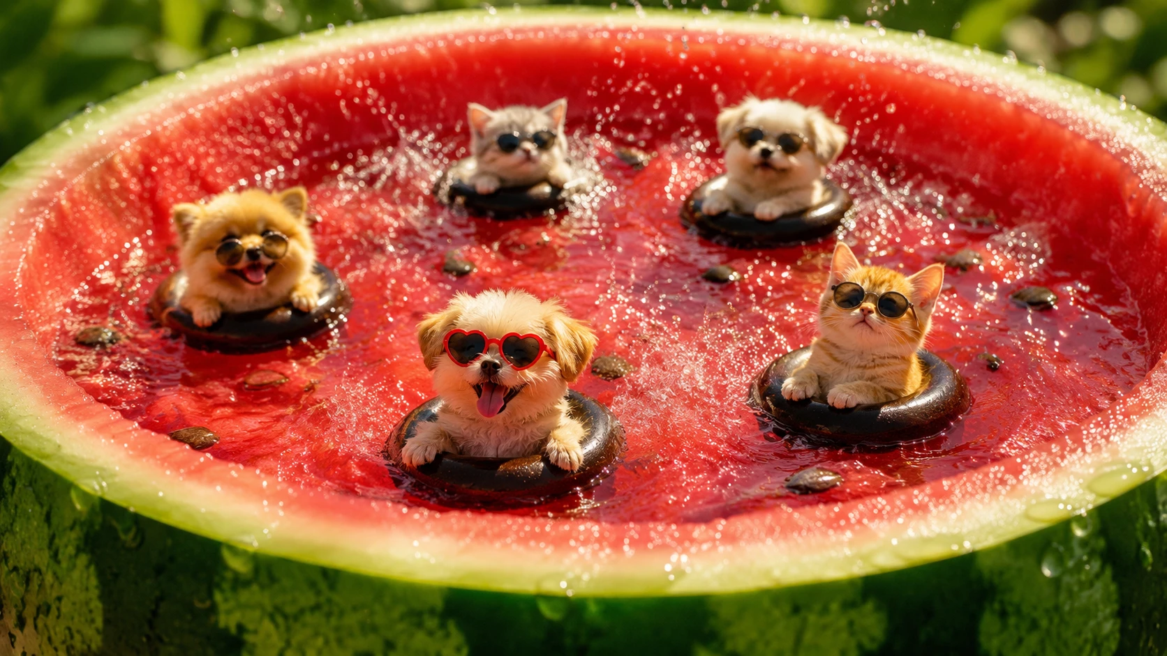 Pets brincalhões nadando em uma gigante piscina de melancia