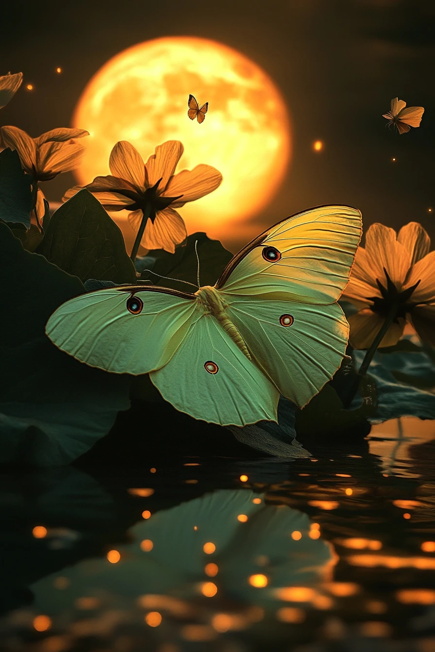 Mariposa-lua flutuando sob uma lua dourada de verão