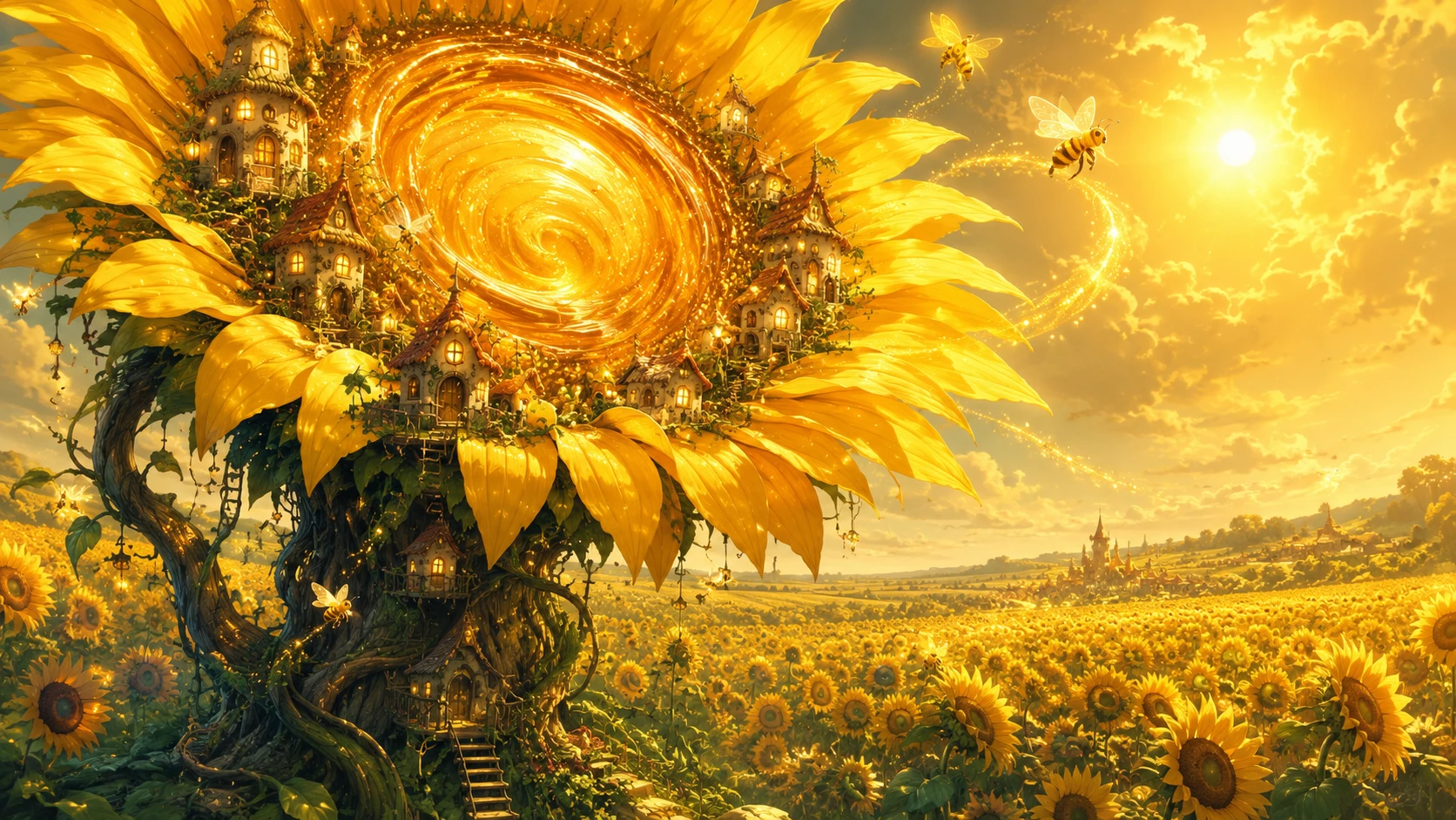 Girasole magico gigante sopra una minuscola villaggio fantasy