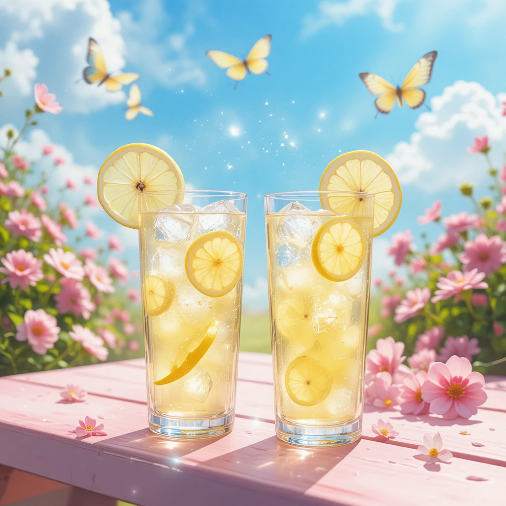 夏日粉彩野餐桌上的兩杯檸檬汽水