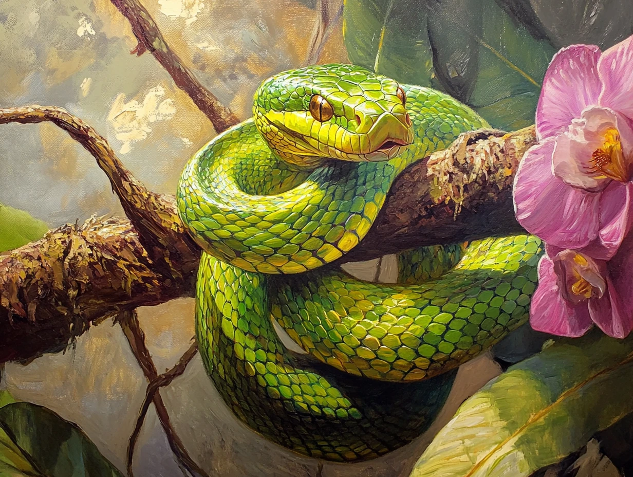 Green mamba coiled on a jungle branch in oil painting
