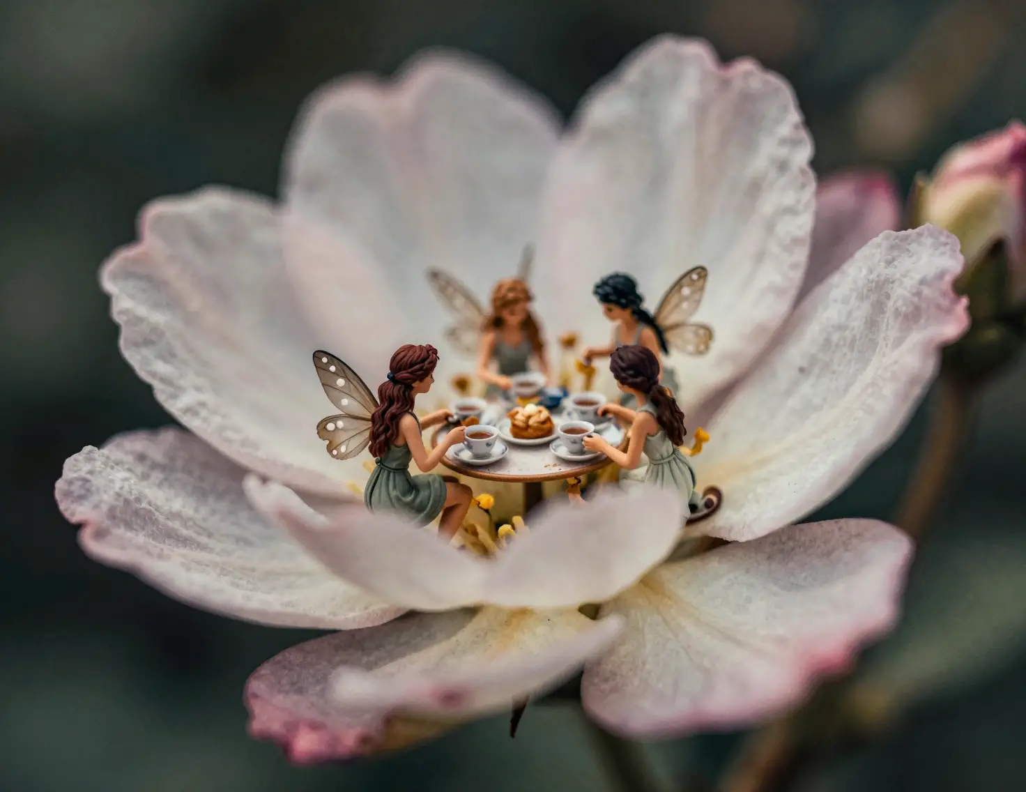 Tre fate che prendono il tè dentro un fiore in piena fioritura