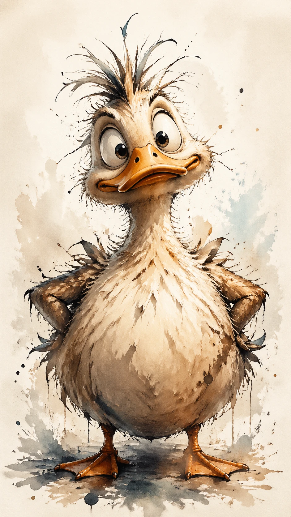 Retrato de pato redondo com olhos grandes e penas despenteadas