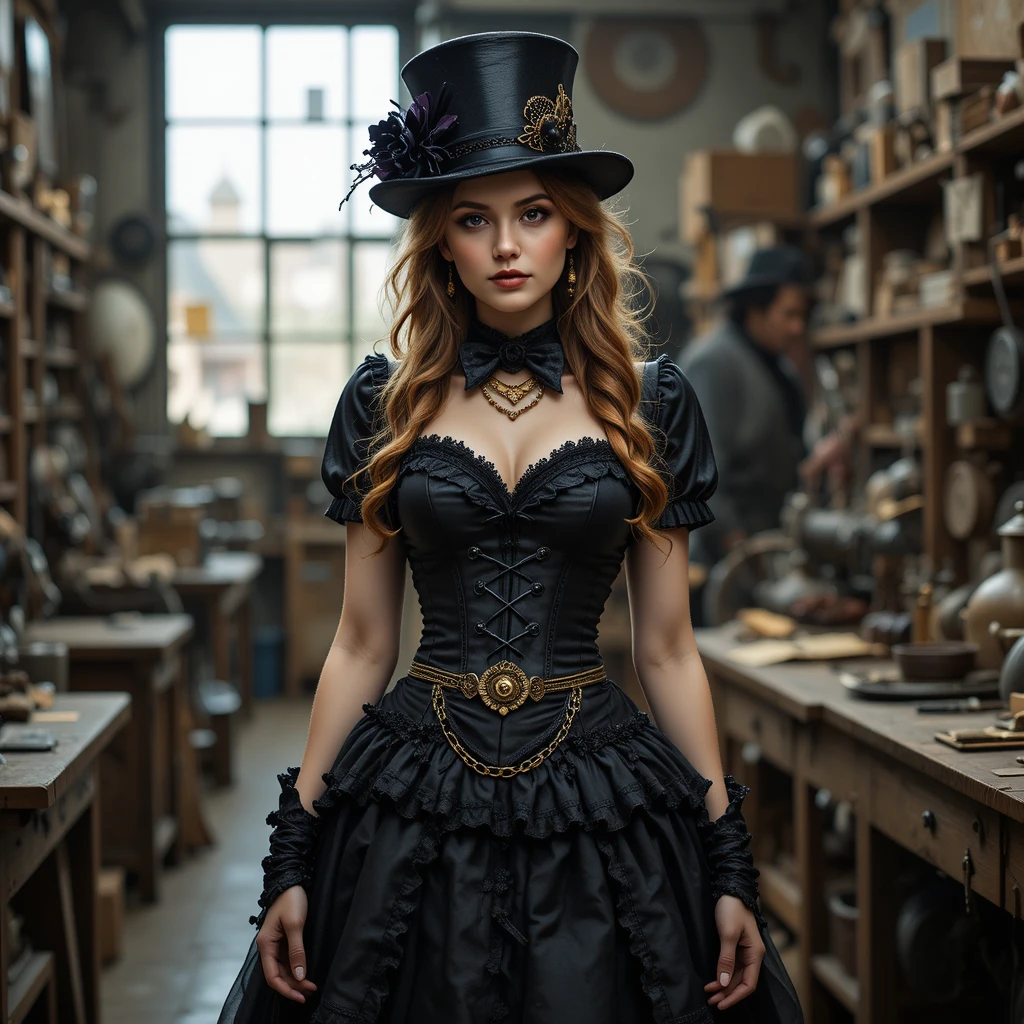 ヴィンテージ工房に立つ黒いコルセットドレスのスチームパンク女性