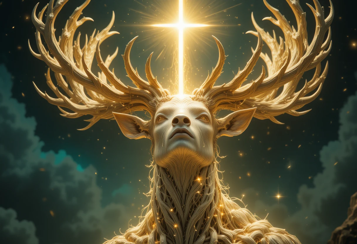 Divindade cervo cósmica fundida com a luminosa árvore do mundo