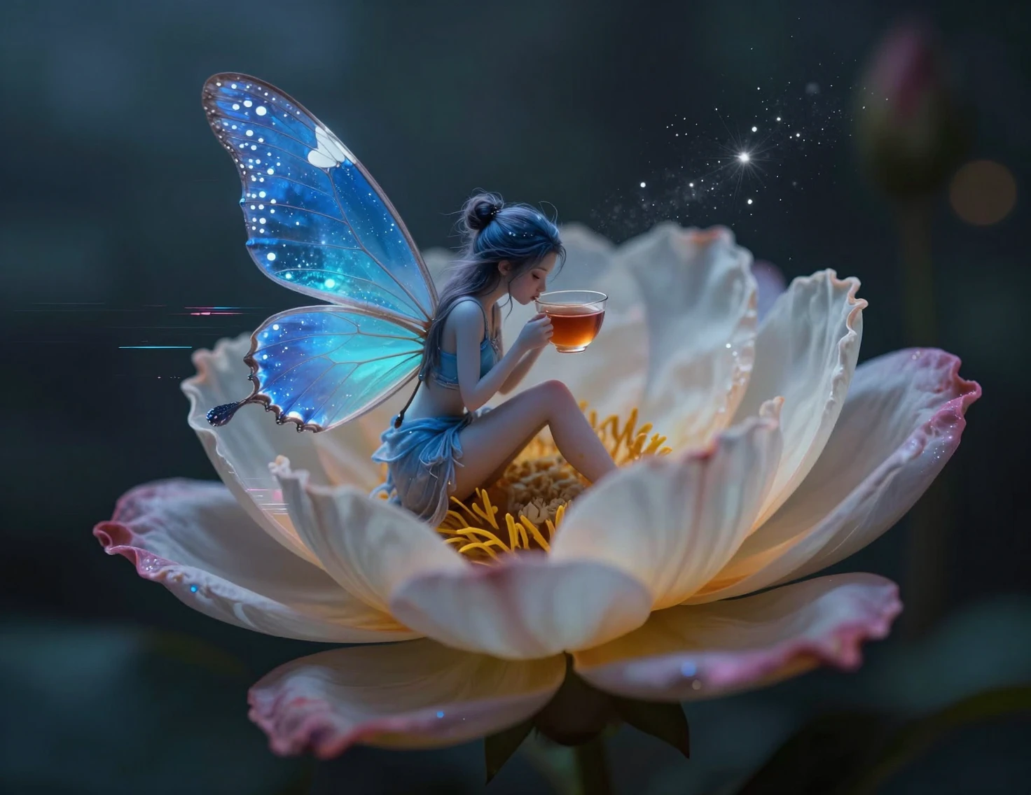 Blaue Fee, die in einer blühenden Blume Tee trinkt