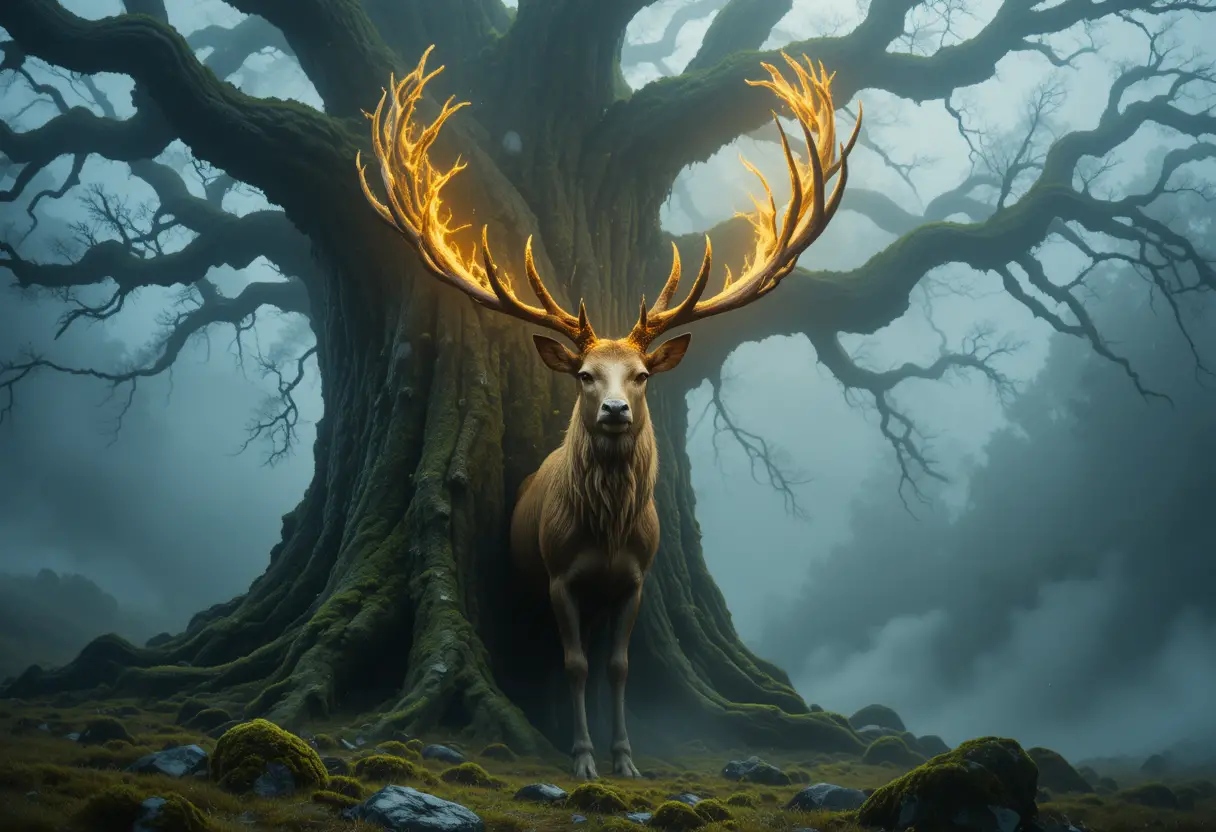 Ciervo mítico ante un árbol ancestral entre niebla arremolinada
